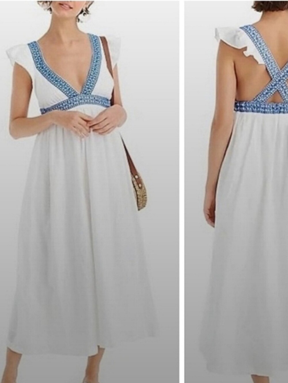 J Crew Ruffle Deep V-neck Beach Dress Halter White With Blue Embroidery XL
